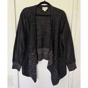 Pure DKNY Wool Linen Cardigan Lambskin Leather Sleeve Black Gray M/L Edgy Indie